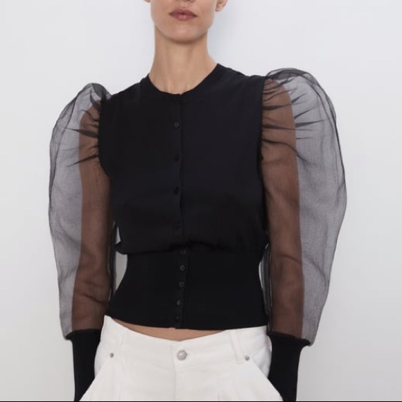 Zara Jackets \u0026 Coats | Zara Black Knit Organza Jacket with Voluminous Sleeves | Color: Black | Size: S | Fashiongoodies's Closet